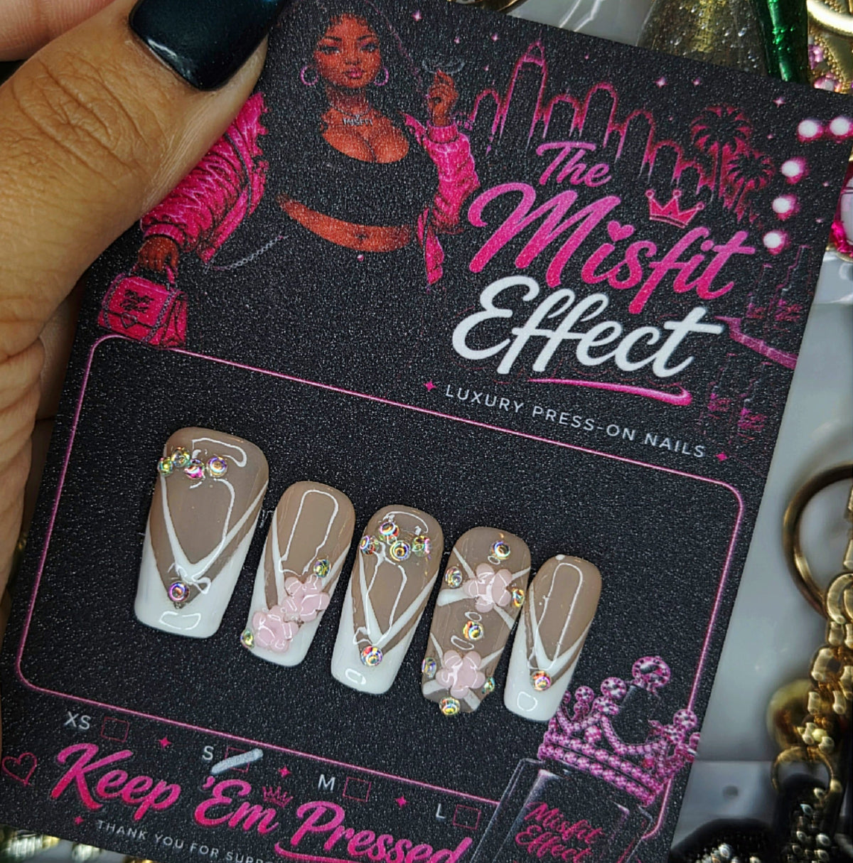 Soft Life Only | Small Square Pink Bow Crystal Press-On Nails