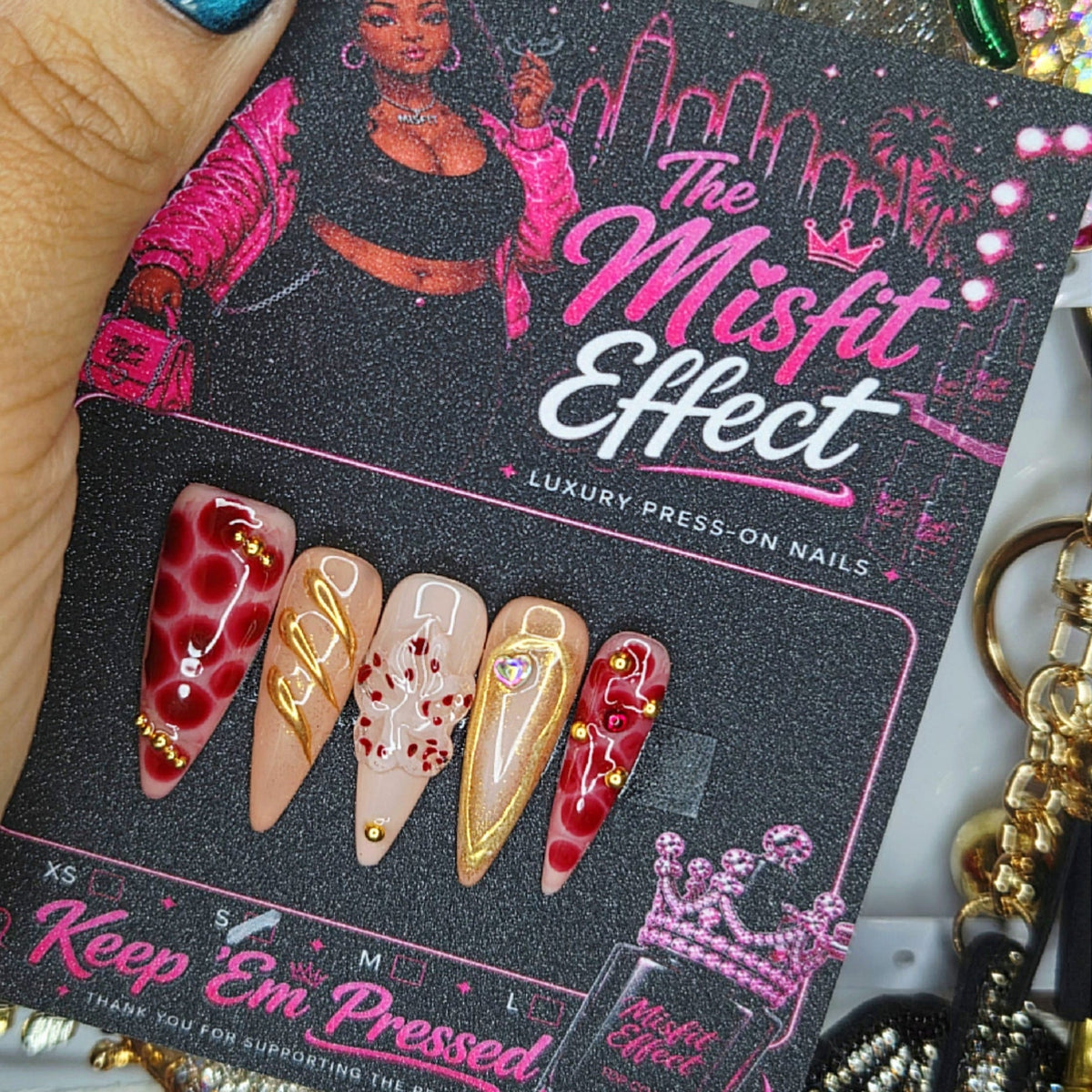 Red Bottom Behavior | Small Stiletto Red Gold Luxe Press-On Nails