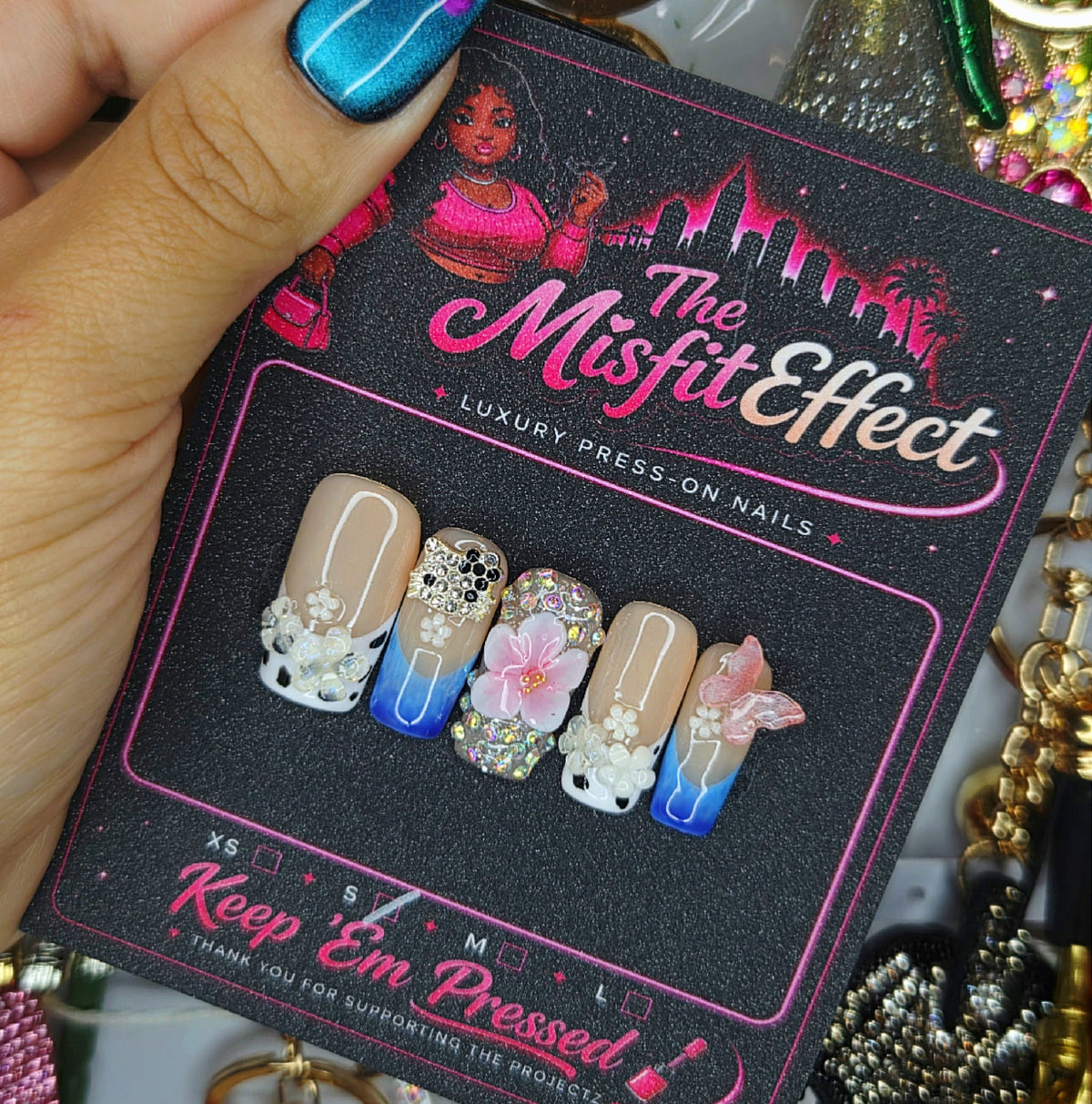Bouquet on the Block | Small Square Blue Floral Butterfly Press-On Nails