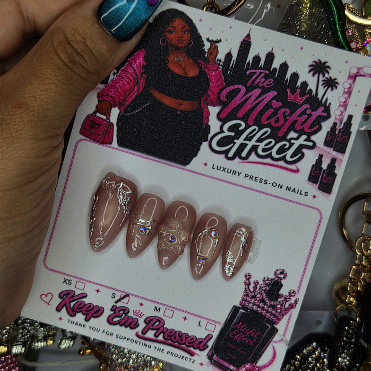 Mocha Manifest | Small Almond Brown Chrome Crystal Press-On Nails