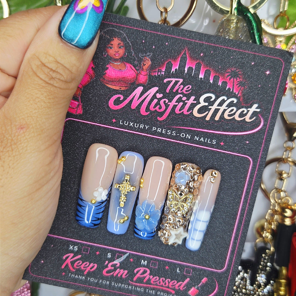 Blessed & Boujee | Small Long Square Blue Gold Crystal Press-On Nails