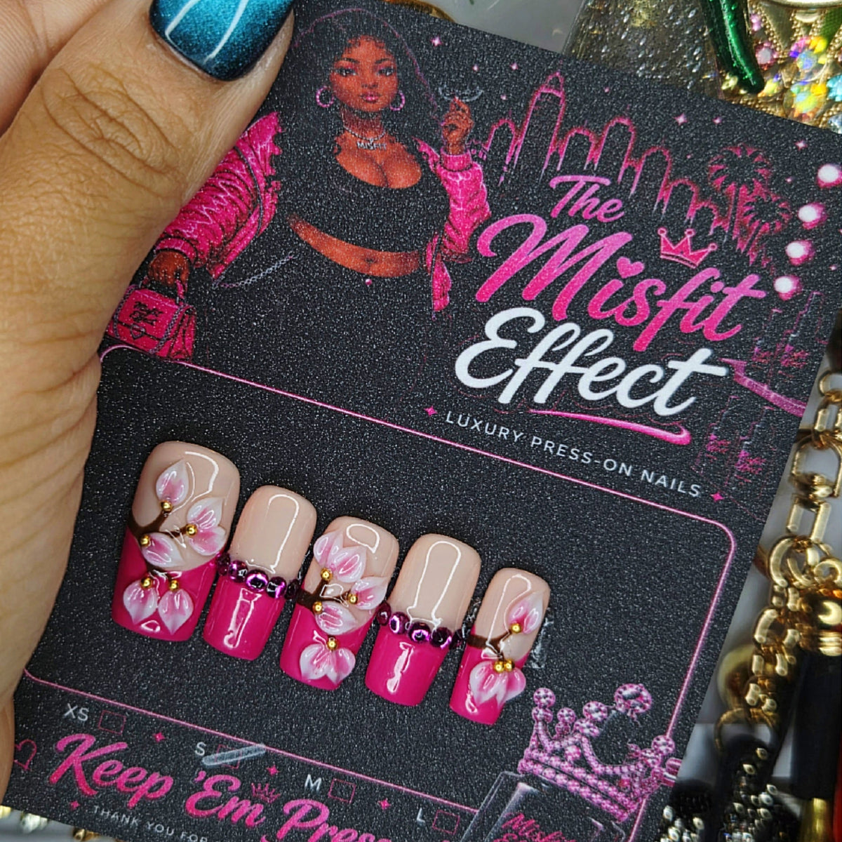 Pink Ain’t Innocent | Small Short Square Hot Pink Floral Press-On Nails
