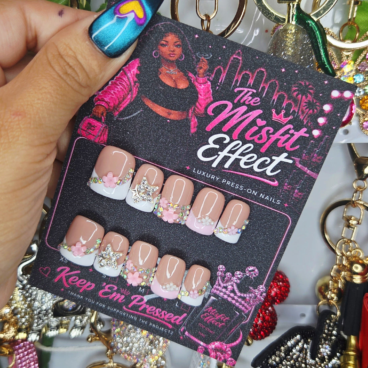 Blushing Starlet | Medium Baby Duck Floral Crystal Press-On Nails