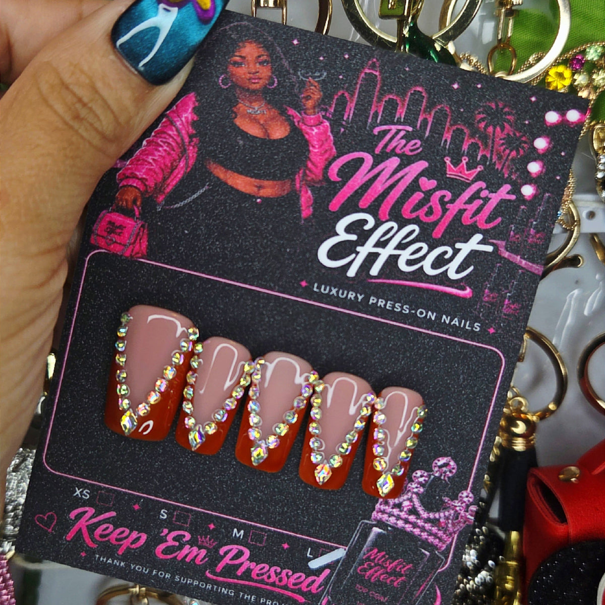 Red Bottom Energy | Large Square Nude Red Rhinestone Press-On Nails