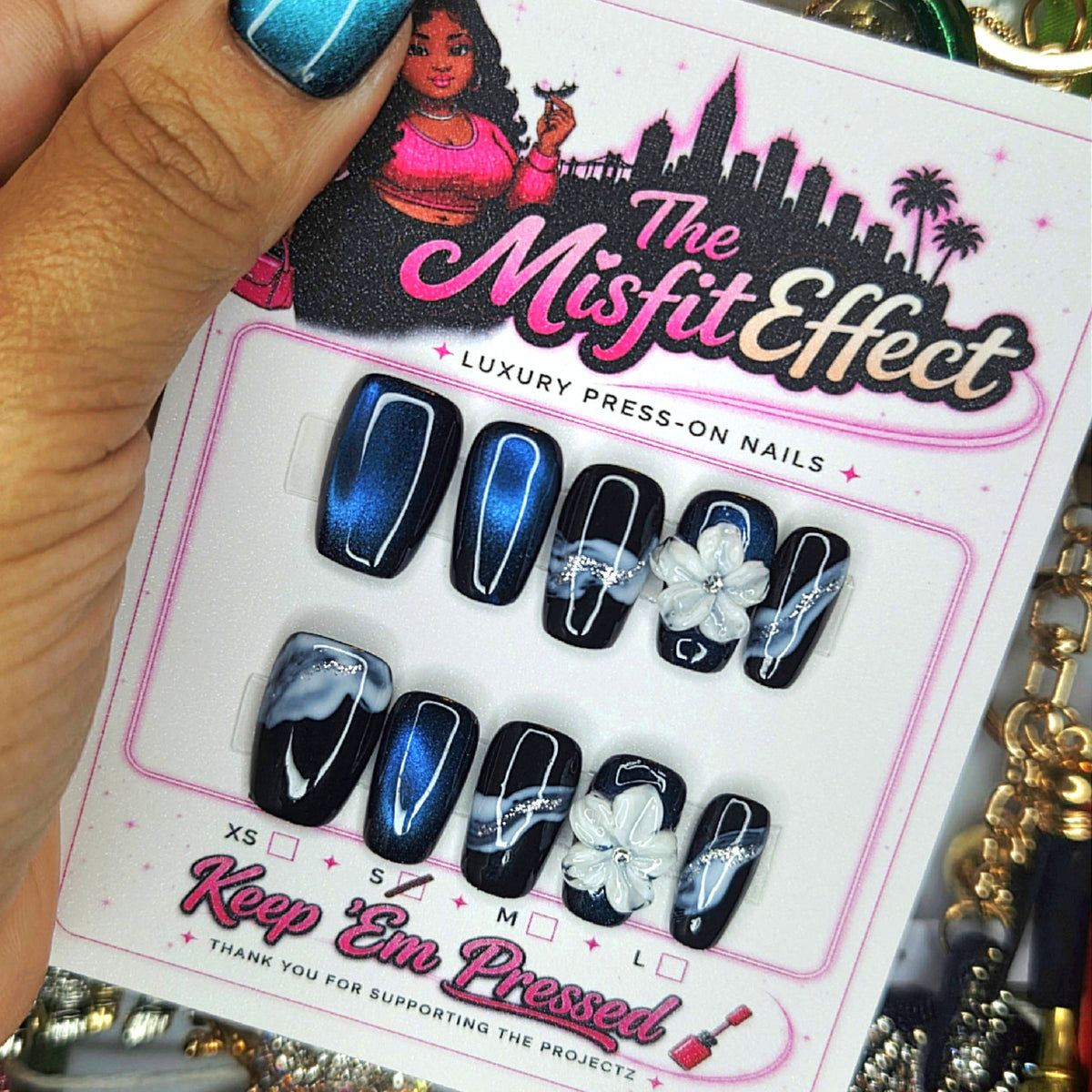 Midnight Bloom | Small Short Square Blue Black Floral Press-On Nails