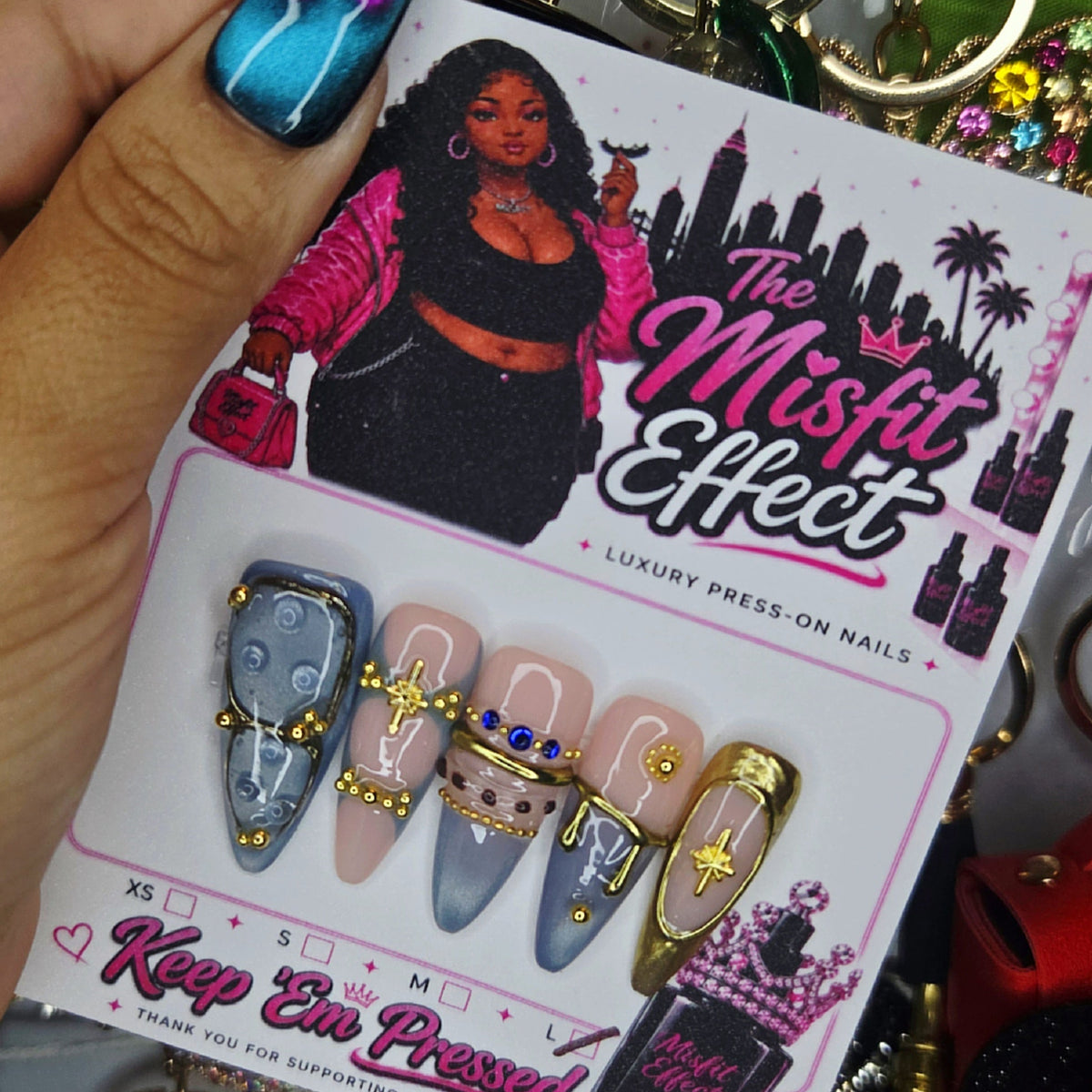 Midnight Treasure | Large Stiletto Blue Nude Gold Luxury Press-On Nails