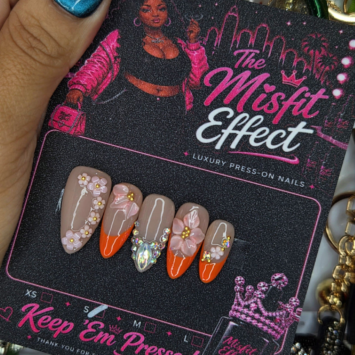 Orange Blossom | Small Almond Orange Floral Crystal Press-On Nails