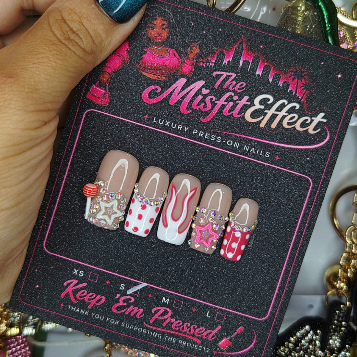 Sugar Rush | Small Square Red & White Y2K Crystal Press-On Nails